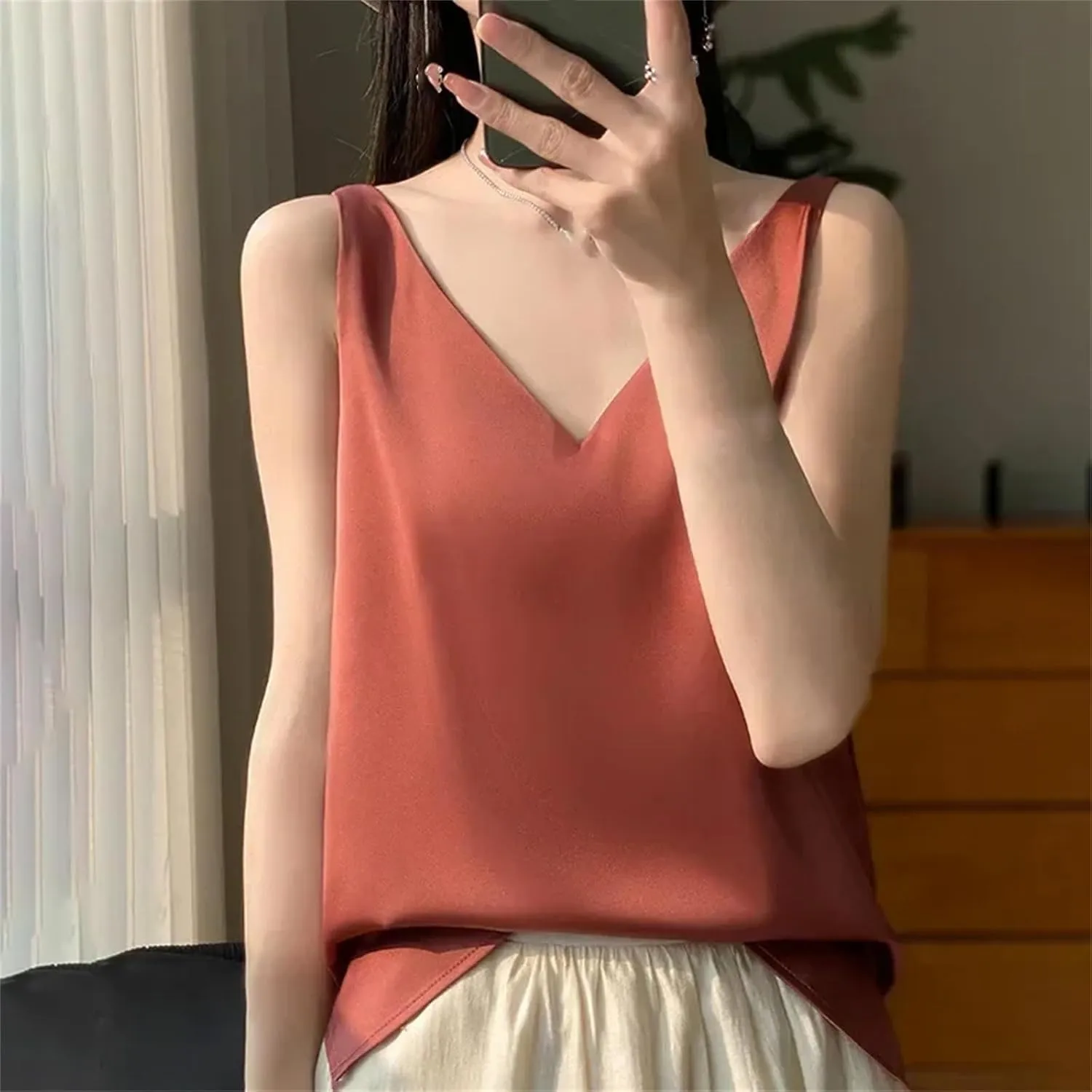 Women's V-Neck Tops Satin Camis Ice Silk Camisole Basic Sleeveless Shirts