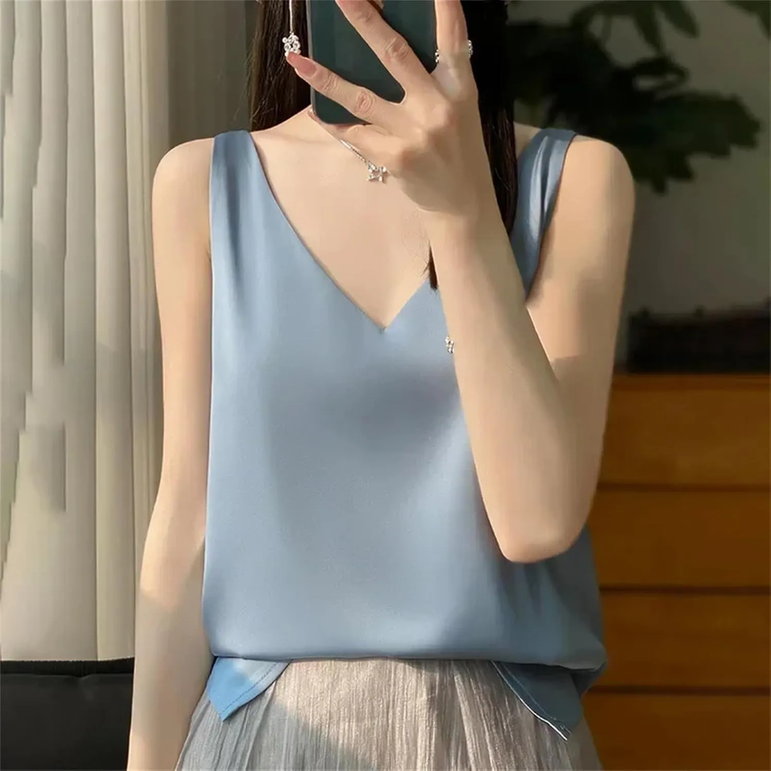 Women's V-Neck Tops Satin Camis Ice Silk Camisole Basic Sleeveless Shirts