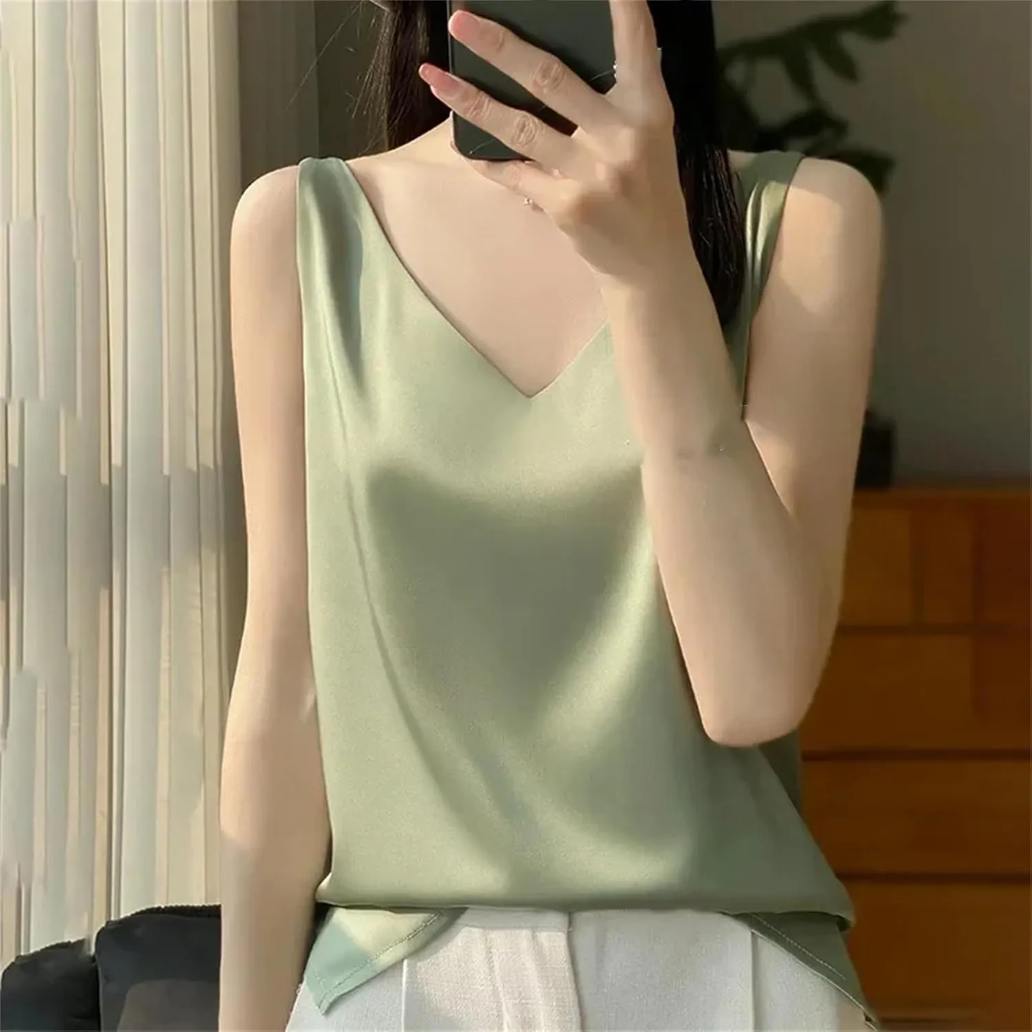 Women's V-Neck Tops Satin Camis Ice Silk Camisole Basic Sleeveless Shirts