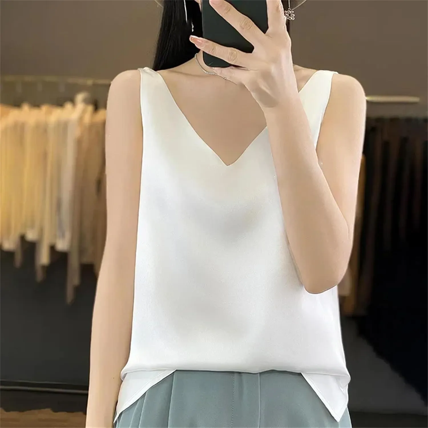 Women's V-Neck Tops Satin Camis Ice Silk Camisole Basic Sleeveless Shirts