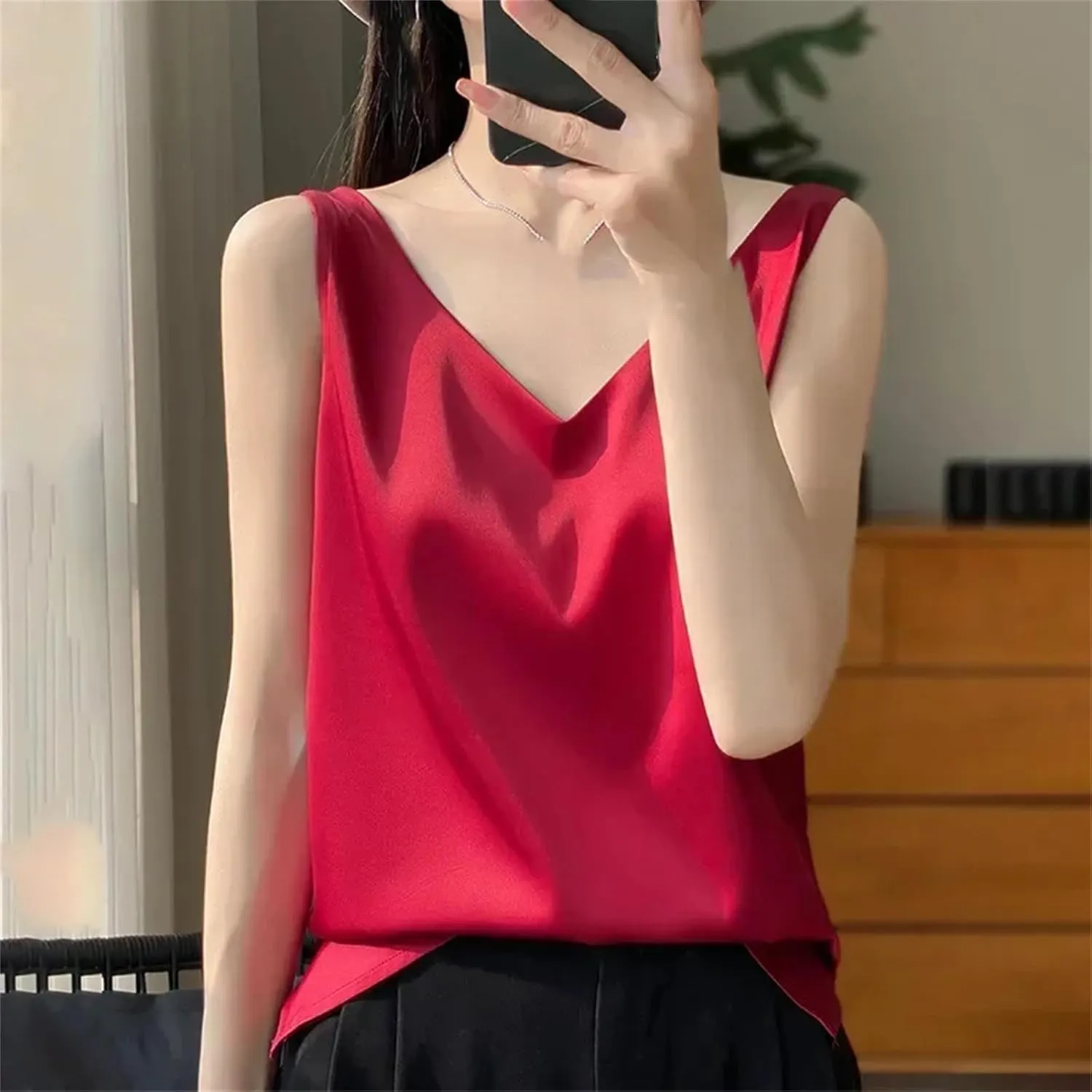 Women's V-Neck Tops Satin Camis Ice Silk Camisole Basic Sleeveless Shirts