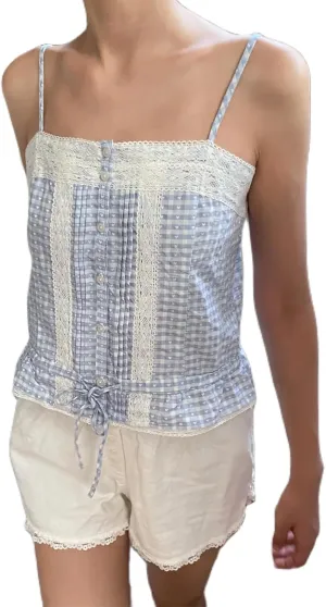 Womens Y2k Lace Trim Tank Top Boho Tie Front Camisole Sleeveless Slim Fitted Cami Going Out Shirts