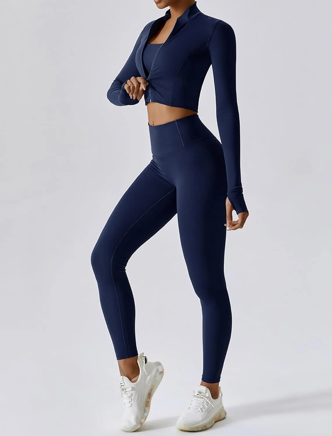 Workout Sets for Women 3 Piece High Waisted Seamless Leggings Crop Top Jacket Gym Yoga Outfit Stretchy Sports Bra Sets
