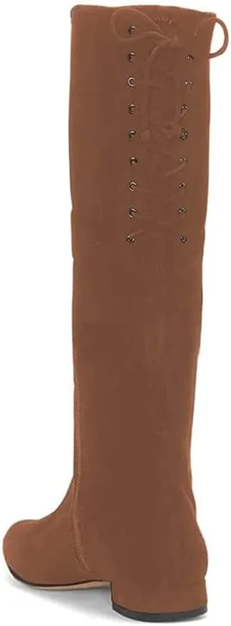 YDN Women Sexy Closed Toe Mid Calf Boots Lace Up Under The Knee High Low Heel with Zipper Dress Casual Flat Long Booties Size 4-15 US
