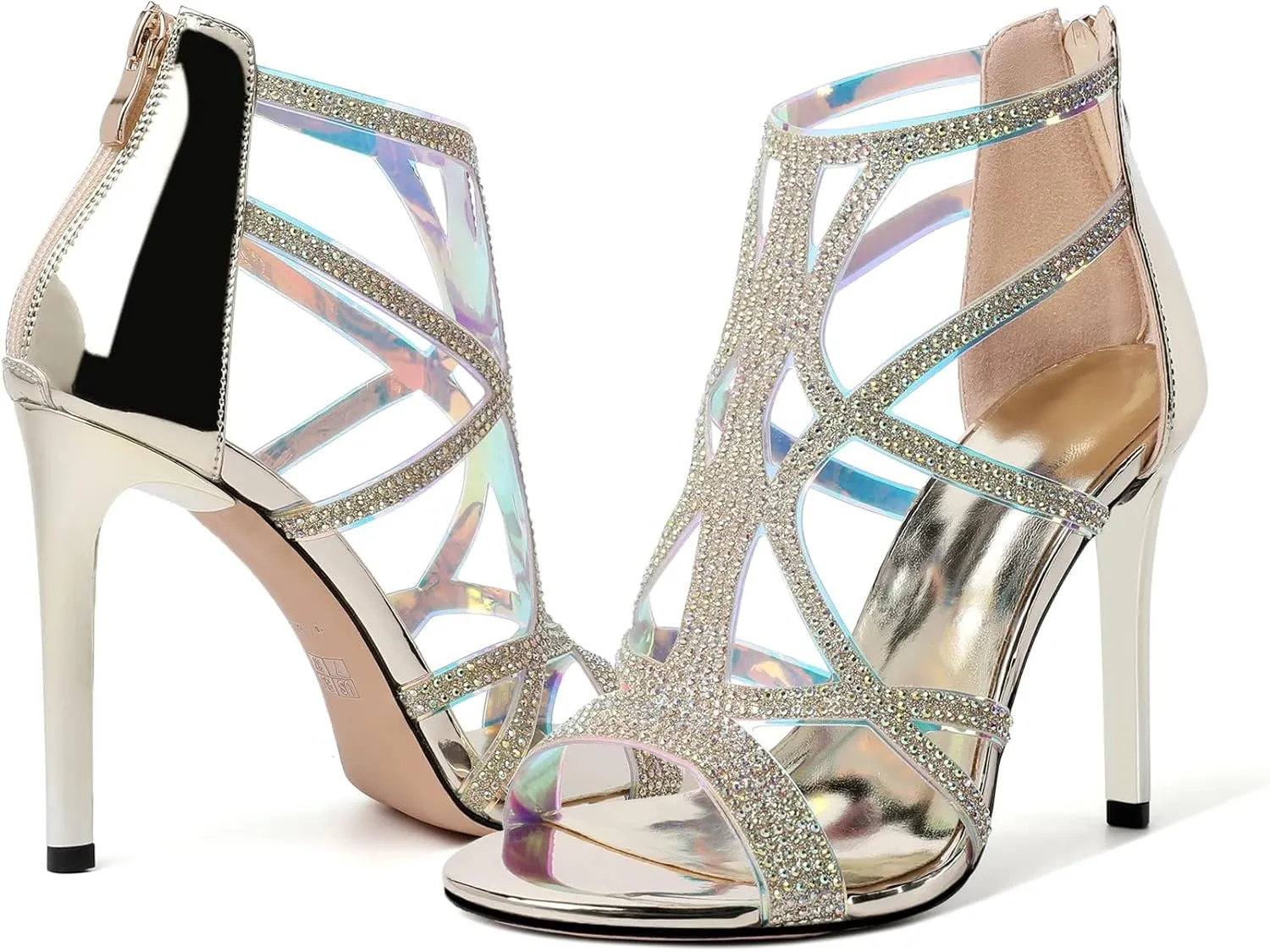 Zamikoo Women's High Heel Sandals, Open Toe Woman Sandals Rhinestone, Cutout Strappy Gladiator Heels, Sparkly Stiletto Heels Pumps Shoes for Dress Party Evening 4 Inch