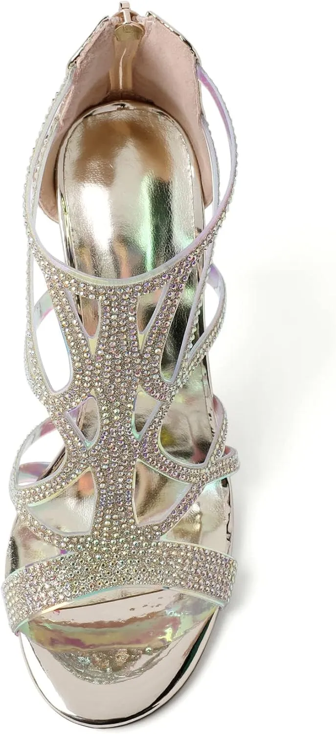 Zamikoo Women's High Heel Sandals, Open Toe Woman Sandals Rhinestone, Cutout Strappy Gladiator Heels, Sparkly Stiletto Heels Pumps Shoes for Dress Party Evening 4 Inch