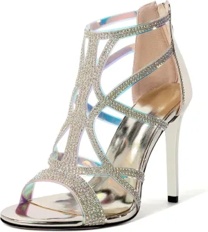 Zamikoo Women's High Heel Sandals, Open Toe Woman Sandals Rhinestone, Cutout Strappy Gladiator Heels, Sparkly Stiletto Heels Pumps Shoes for Dress Party Evening 4 Inch