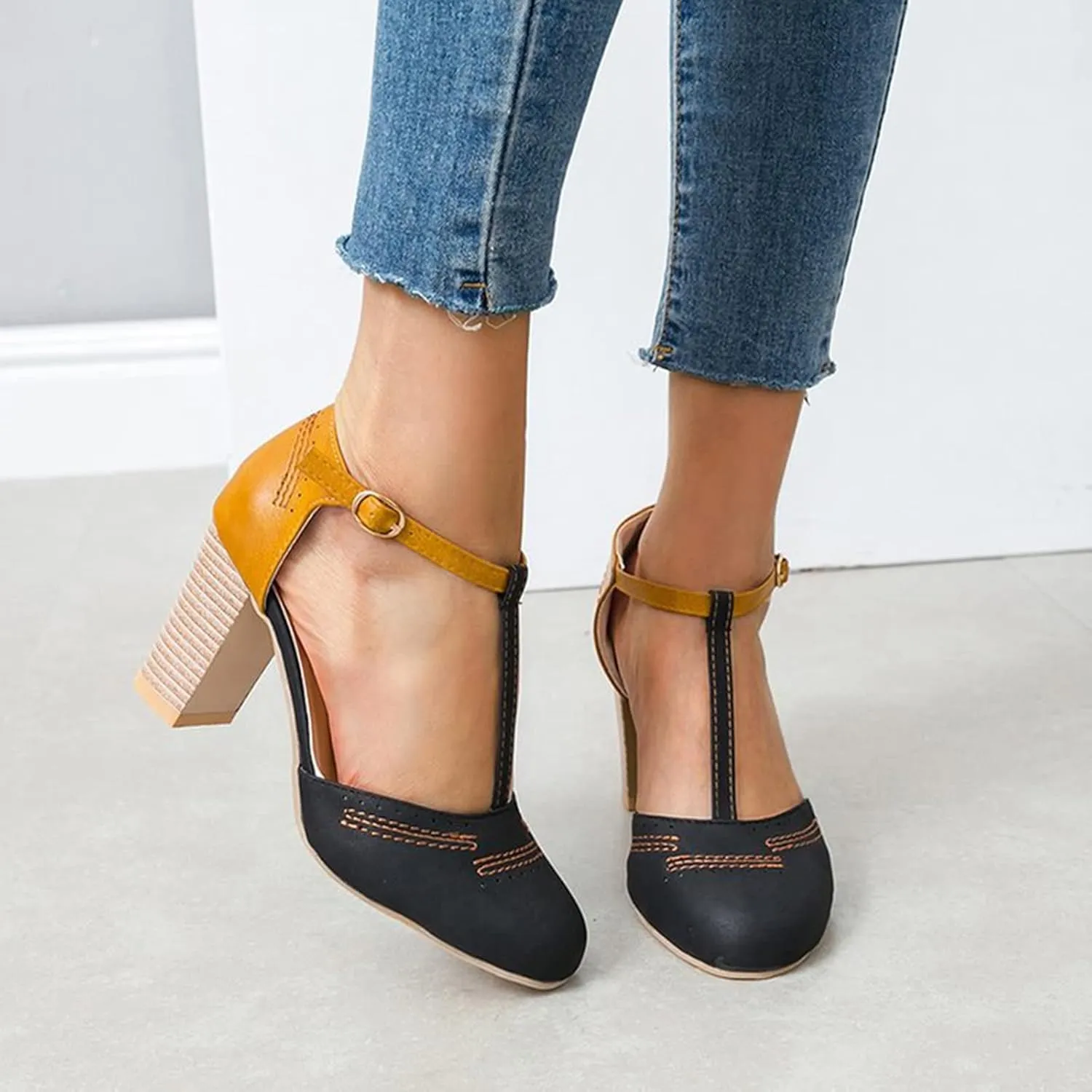 ZBYY Women's Ankle Strap Sandals Summer Close Toe High Chunky Heeled Ankle Strap Buckle Dress Pumps Party Wedding Shoes