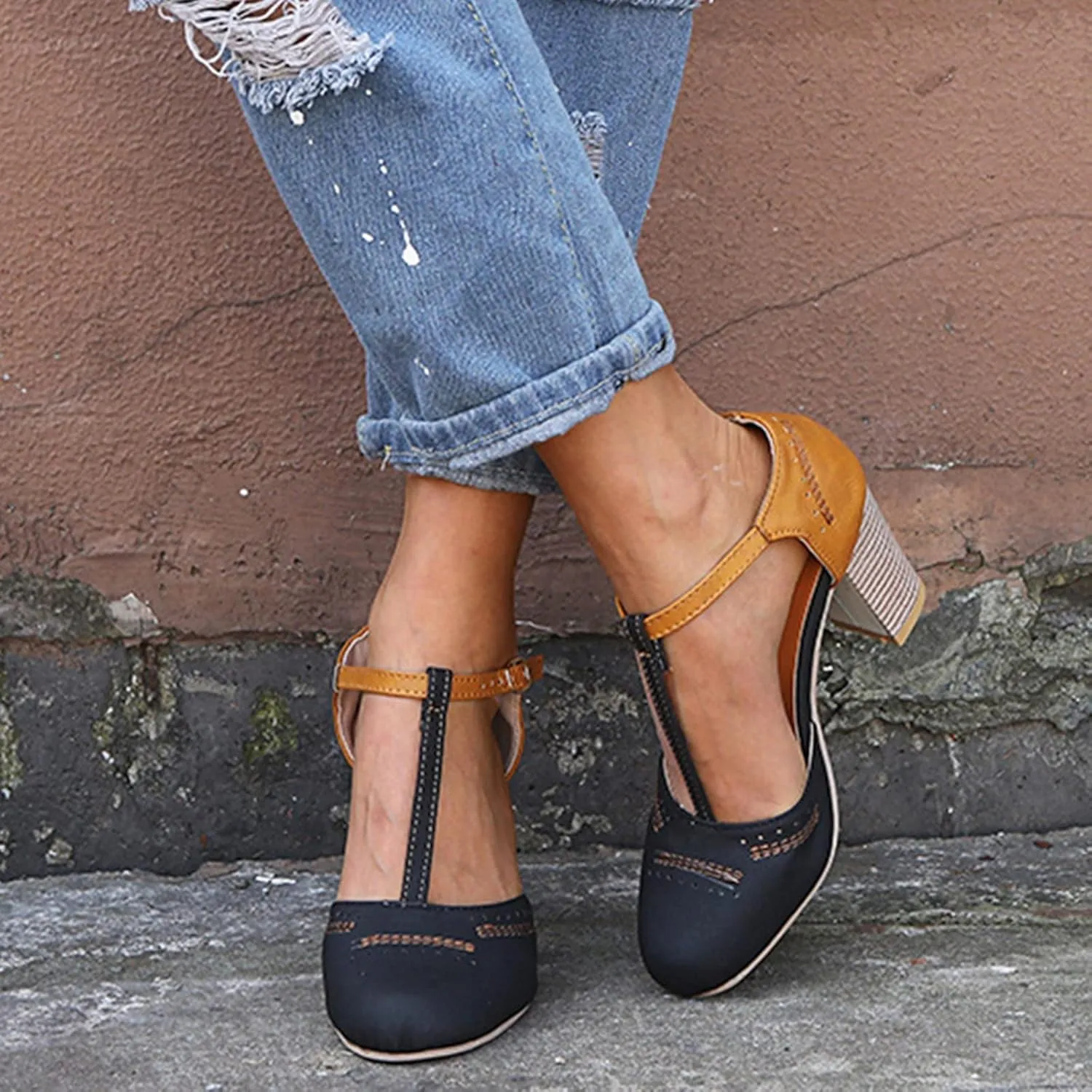 ZBYY Women's Ankle Strap Sandals Summer Close Toe High Chunky Heeled Ankle Strap Buckle Dress Pumps Party Wedding Shoes
