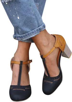 ZBYY Women's Ankle Strap Sandals Summer Close Toe High Chunky Heeled Ankle Strap Buckle Dress Pumps Party Wedding Shoes