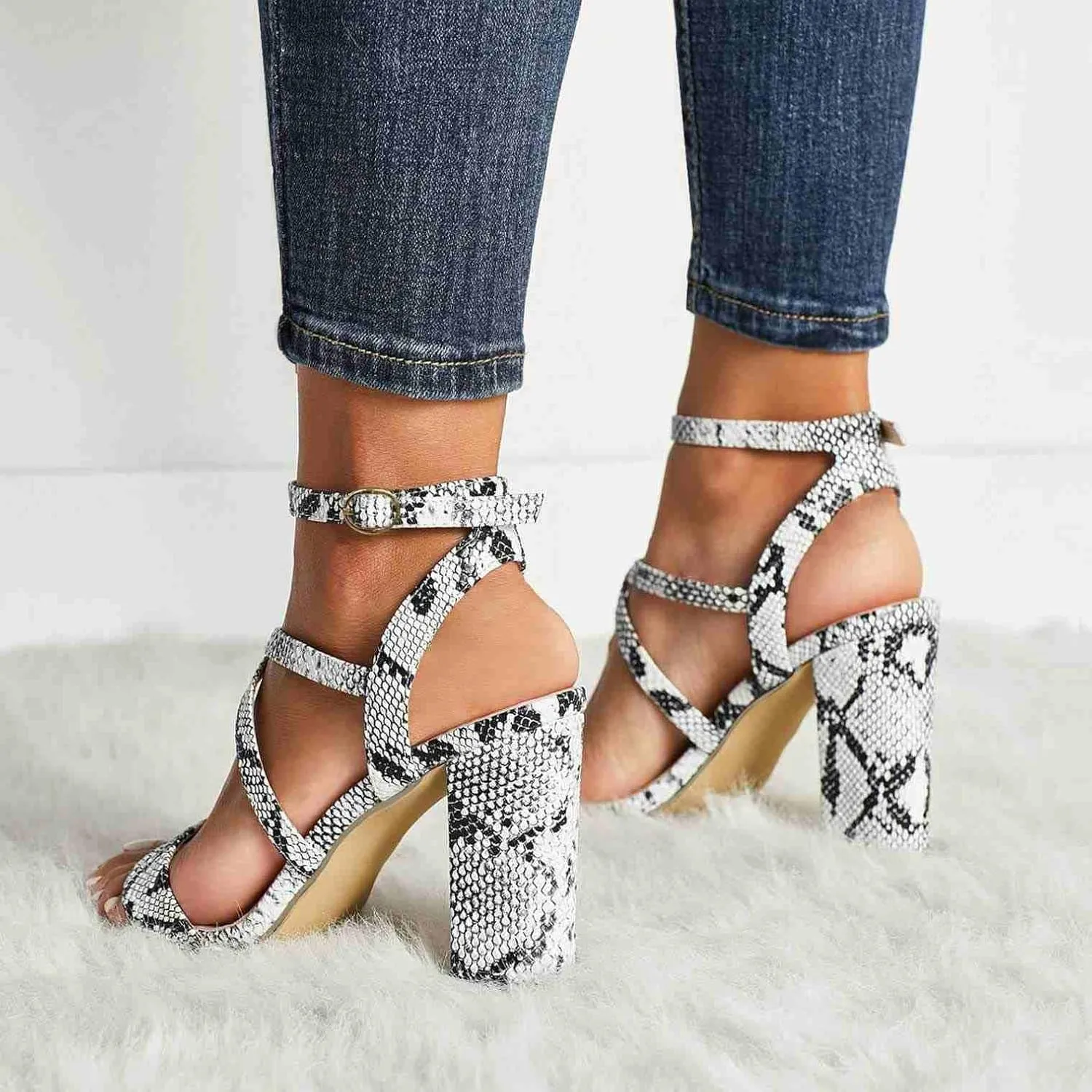 ZBYY Women's Open Toe Ankle Strap Chunky High Heel Sandals Dress Cross Strap Evening Party Snake Pattern Pump Shoes