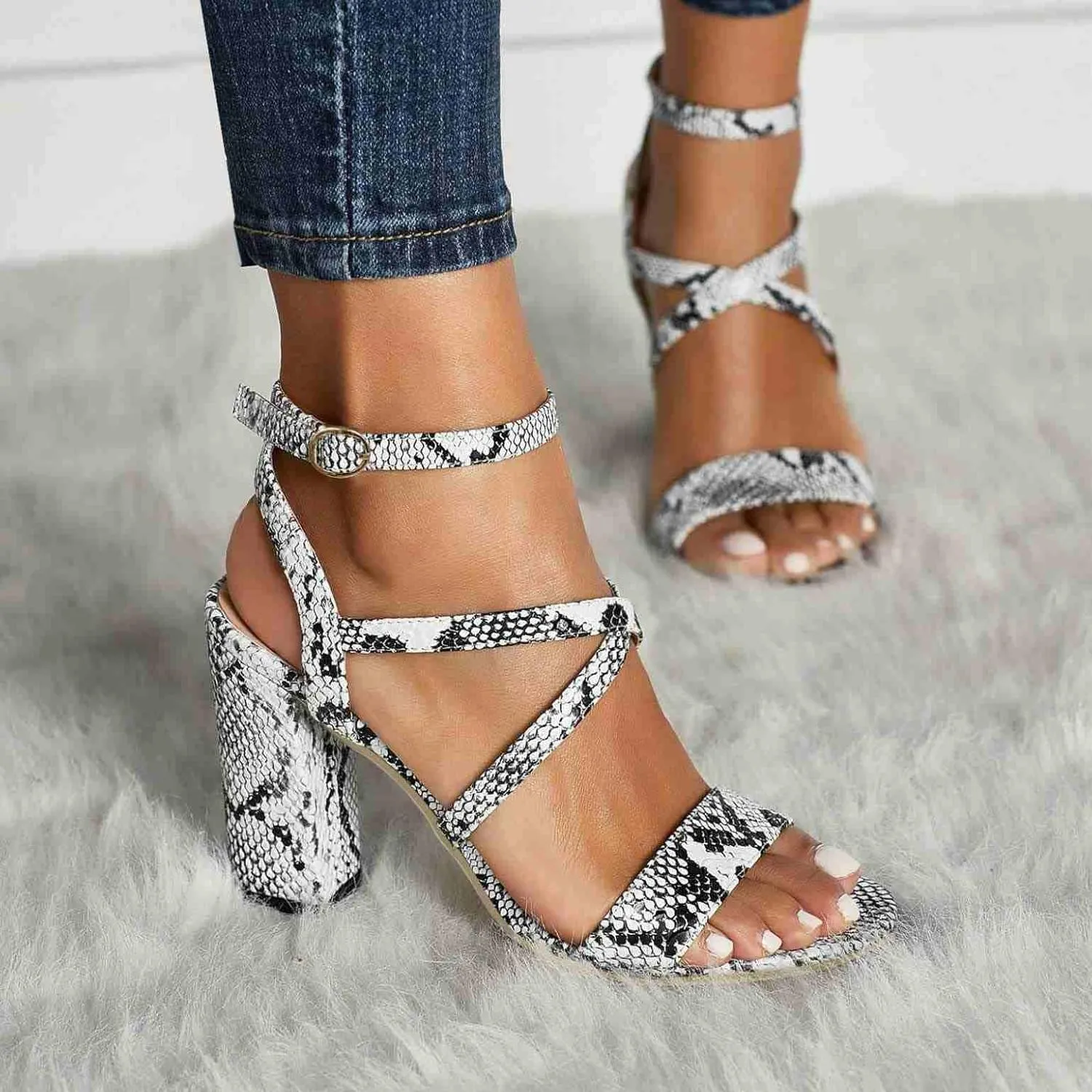 ZBYY Women's Open Toe Ankle Strap Chunky High Heel Sandals Dress Cross Strap Evening Party Snake Pattern Pump Shoes