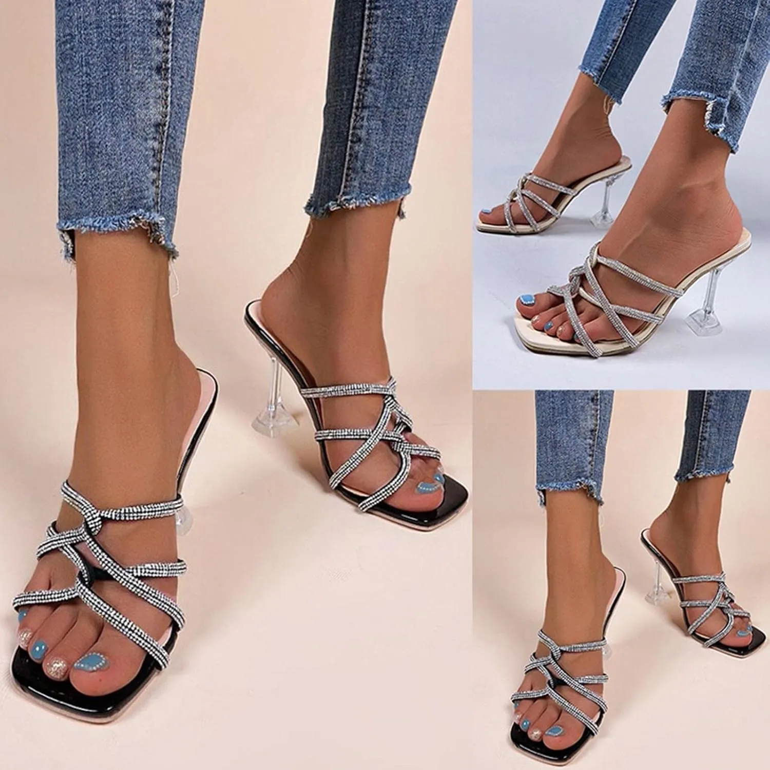 ZBYY Womens Square Open Toe High Heeled Sandal Crisscross Rhinestones Gladiator Sandals Dress Party Summer Shoes