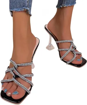ZBYY Womens Square Open Toe High Heeled Sandal Crisscross Rhinestones Gladiator Sandals Dress Party Summer Shoes
