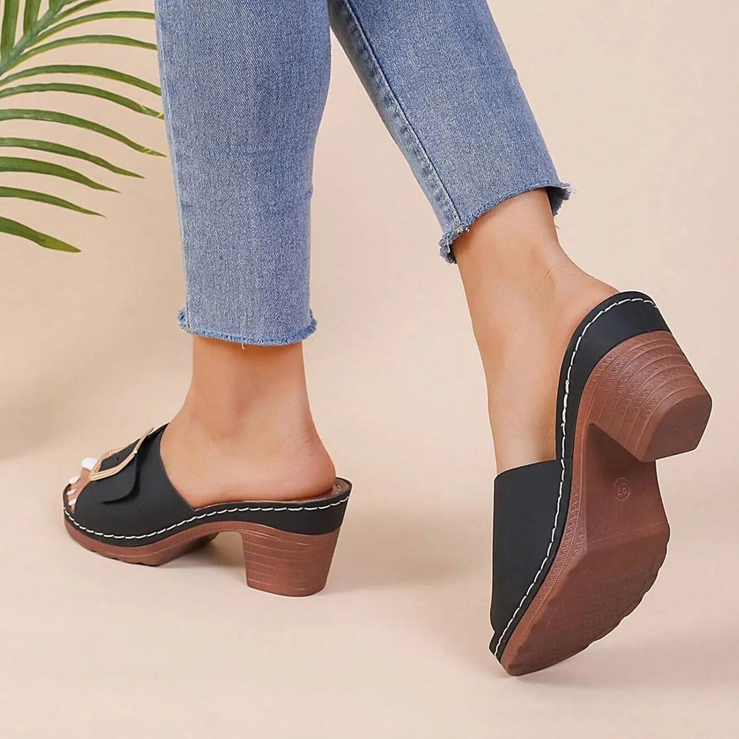 ZSpzx Chunky Heel for Women 2025 Summer Peep Toe Orthopedic Mid Block Heels Slip On Dressy Sandal Cushioned Footbed Slippers Casual Comfortable Adjustable Walking Shoes for Daily Wear