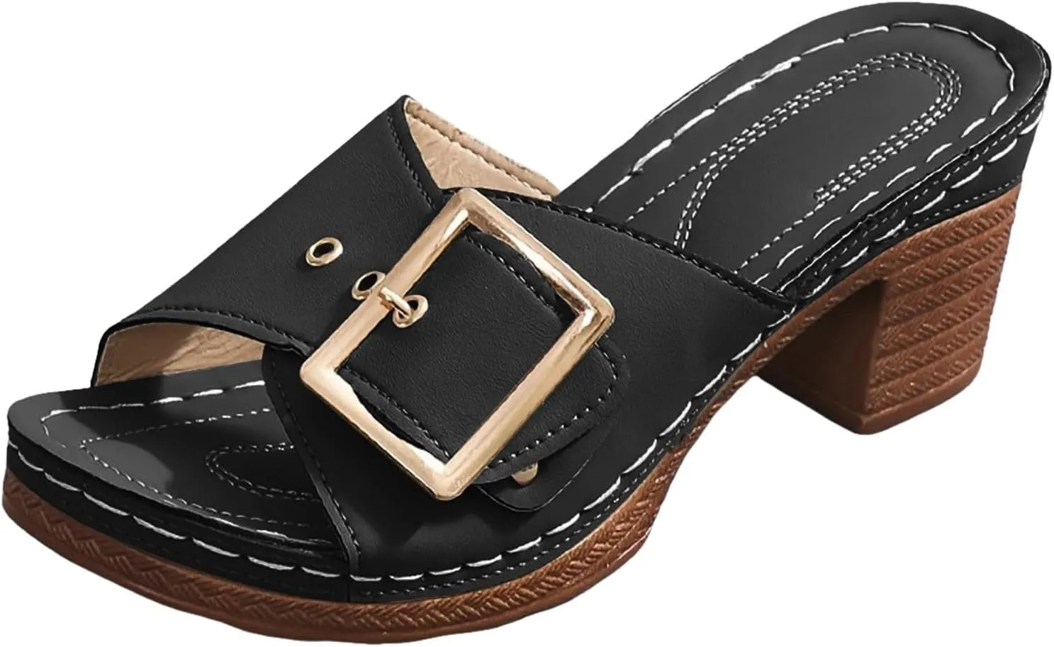 ZSpzx Chunky Heel for Women 2025 Summer Peep Toe Orthopedic Mid Block Heels Slip On Dressy Sandal Cushioned Footbed Slippers Casual Comfortable Adjustable Walking Shoes for Daily Wear