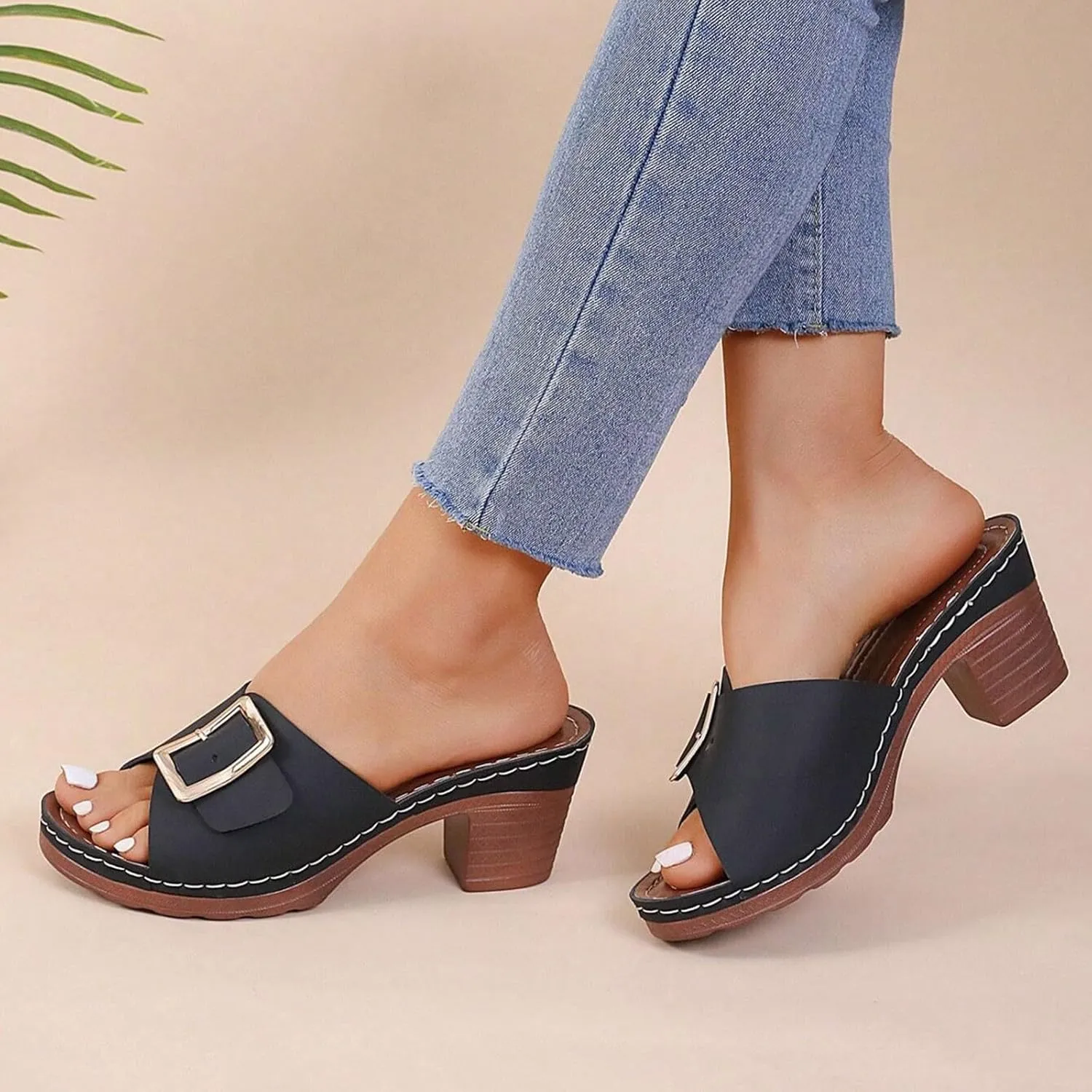 ZSpzx Chunky Heel for Women 2025 Summer Peep Toe Orthopedic Mid Block Heels Slip On Dressy Sandal Cushioned Footbed Slippers Casual Comfortable Adjustable Walking Shoes for Daily Wear